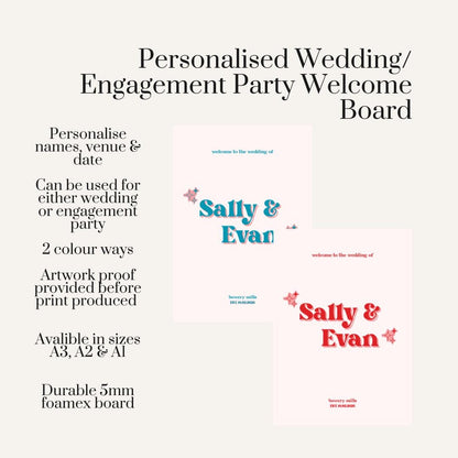 Personalised Wedding Welcome Sign – Retro Names Engagement Party Board – Fun Modern Couple Sign – Custom Wedding Decor