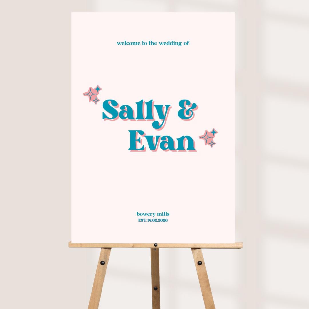 Personalised Wedding Welcome Sign – Retro Names Engagement Party Board – Fun Modern Couple Sign – Custom Wedding Decor