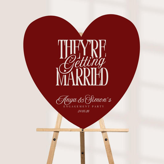 Personalised Engagement Party Welcome Sign – “They’re Getting Married” Heart Board – Elegant Couple Names Sign – Wedding