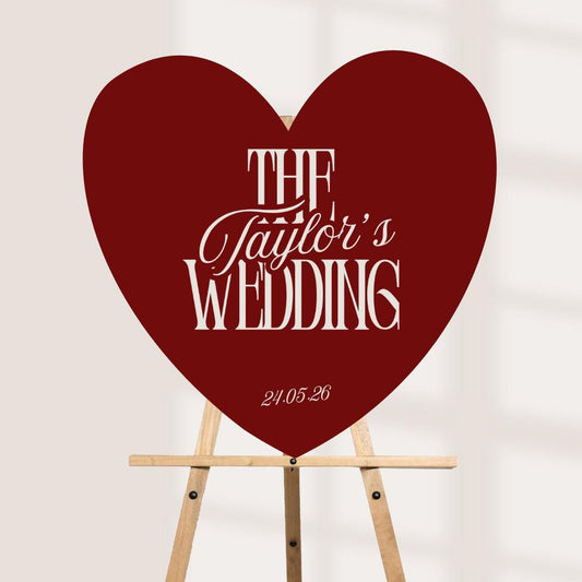 Personalised Wedding Welcome Sign – Elegant Burgundy Heart Board – Custom Surname Wedding Decor