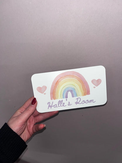 Personalised Kids Rainbow Room Door Sign – Custom Name Plaque – Pastel Nursery Decor – 5mm Foamex – Three Colour Options