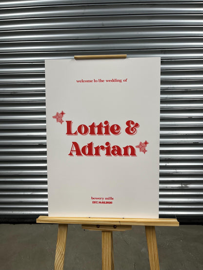Personalised Wedding Welcome Sign – Retro Names Engagement Party Board – Fun Modern Couple Sign – Custom Wedding Decor
