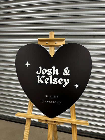 Personalised Engagement Party Welcome Sign – Black Heart Couple Names Board – Modern Gothic Wedding Decor – Custom Party Sign