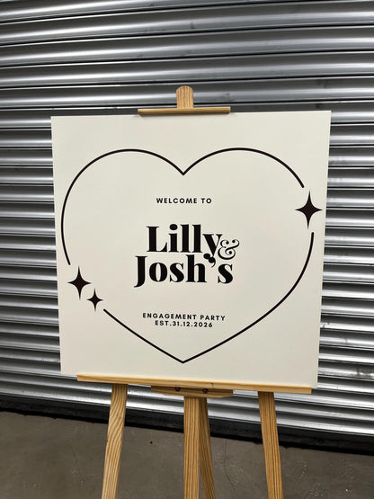 Personalised Engagement Party Welcome Sign – Custom Couple Names Board – Engagement Celebration Decor – Modern Heart Welcome Sign