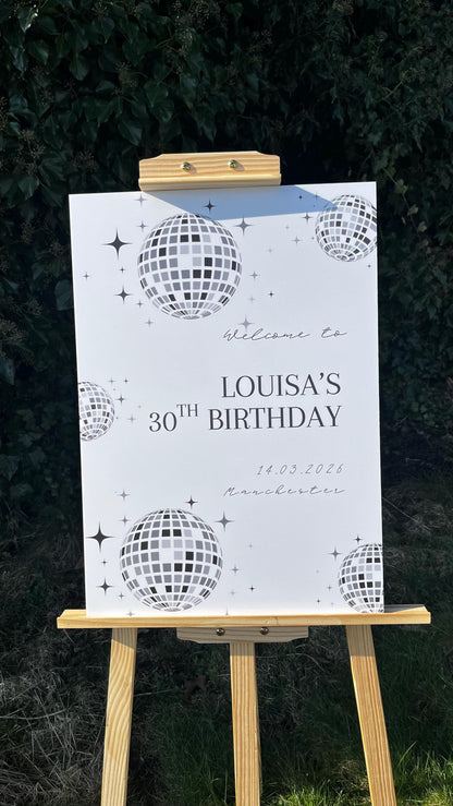 Personalised Disco Ball Birthday Welcome Board, 40th Birthday Party Sign, Custom Milestone Birthday Decor