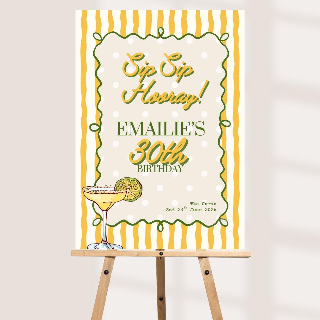 Personalised 30th Birthday Welcome Sign, Sip Sip Hooray Birthday Sign, Cocktail Birthday Party Welcome Board, Custom 30t