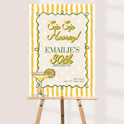 Personalised 30th Birthday Welcome Sign, Sip Sip Hooray Birthday Sign, Cocktail Birthday Party Welcome Board, Custom 30t