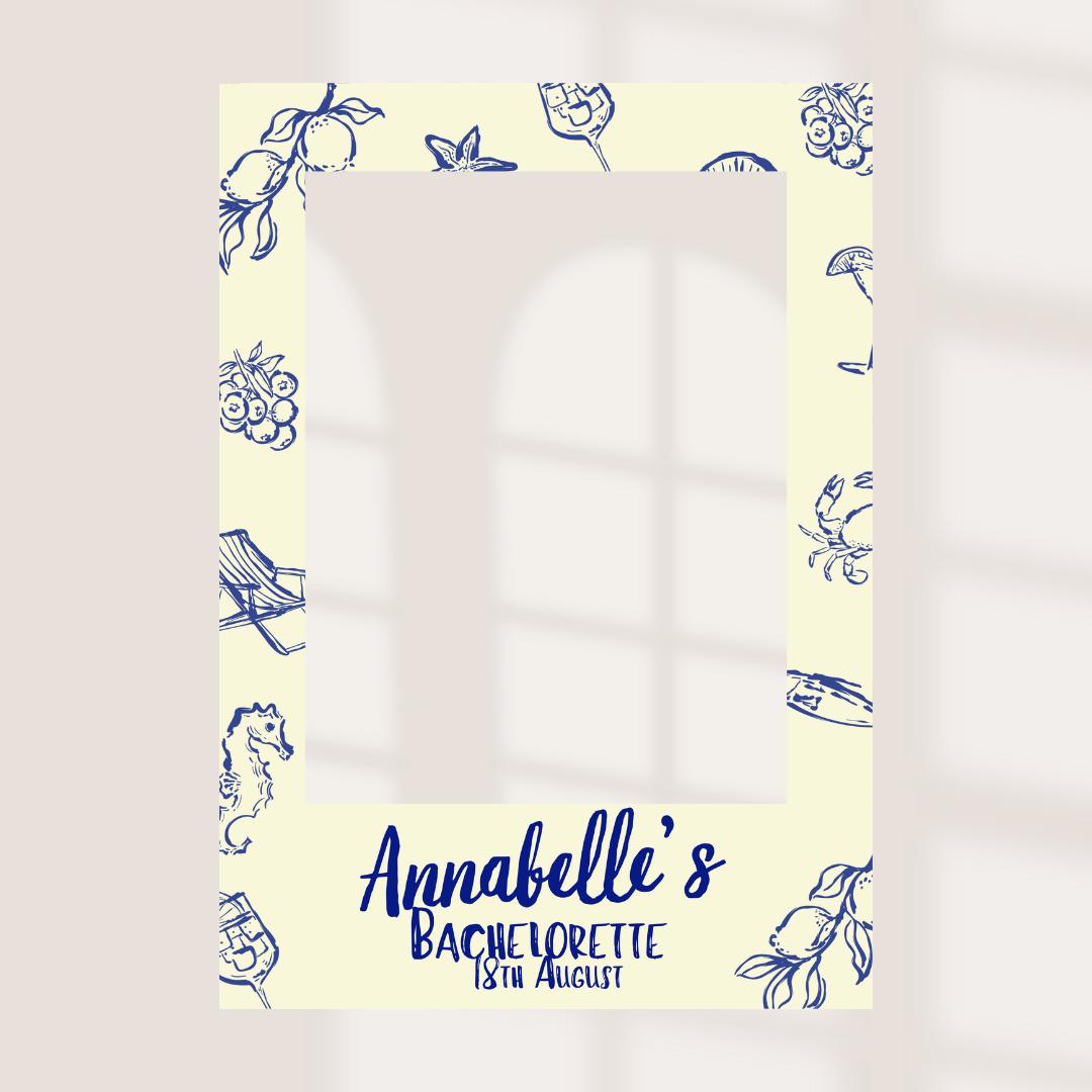 Personalised Hen Party Selfie Frame, Mediterranean Bachelorette Photo Booth Frame, Amalfi Coast Bridal Party Prop, Blue 