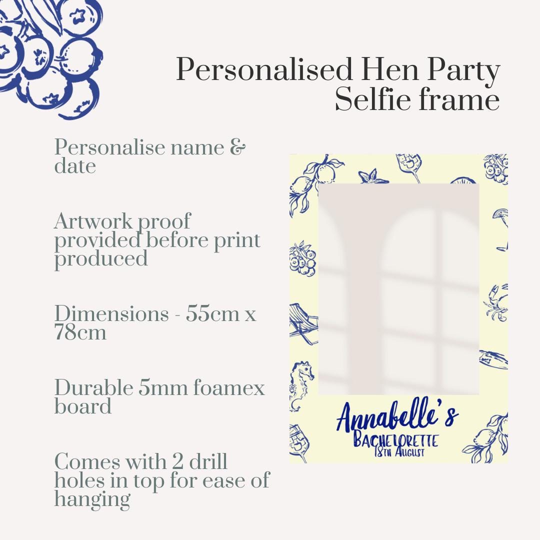 Personalised Hen Party Selfie Frame, Mediterranean Bachelorette Photo Booth Frame, Amalfi Coast Bridal Party Prop, Blue Coastal Hen Do Decor
