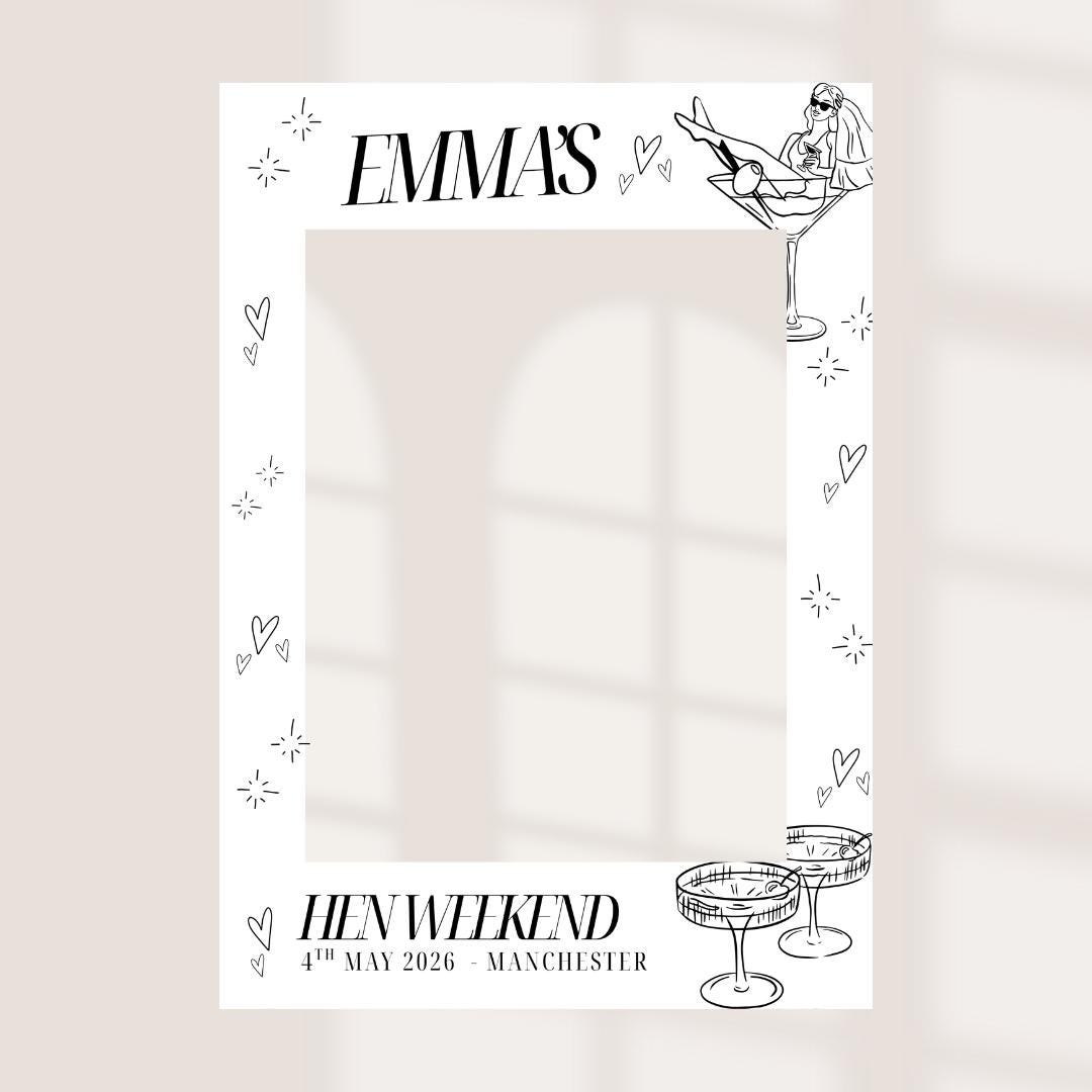 Personalised Cocktail Hen Party Selfie Frame, Chic Bachelorette Photo Booth Frame, Bride Martini Glass Hen Weekend Prop, Custom Hen Do Decor