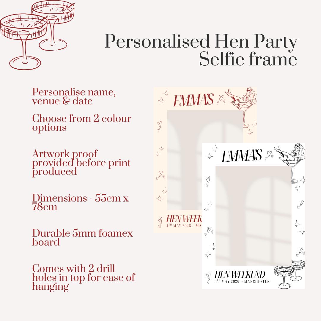 Personalised Cocktail Hen Party Selfie Frame, Chic Bachelorette Photo Booth Frame, Bride Martini Glass Hen Weekend Prop, Custom Hen Do Decor