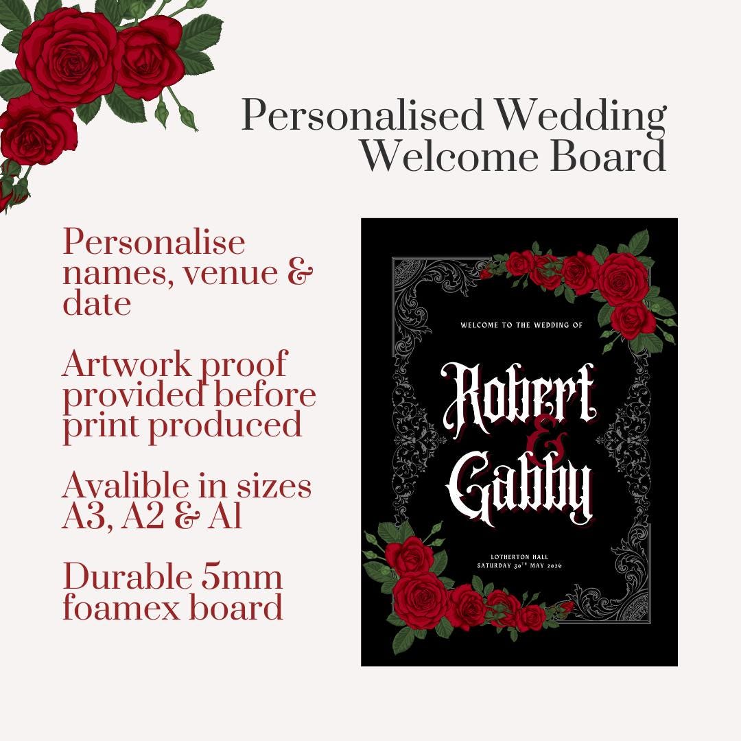 Gothic Wedding Welcome Board, Personalised Black Red Rose Wedding Sign, Alternative Wedding Decor, Dark Romance Wedding Board Custom Signage