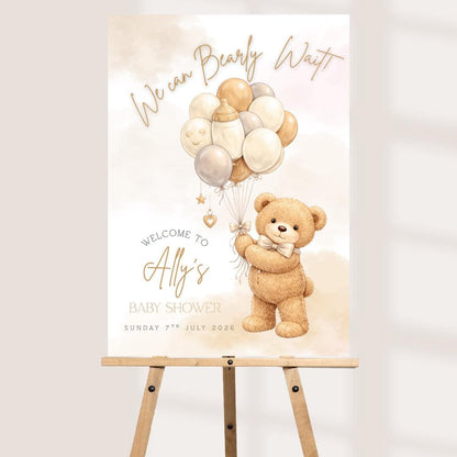 Teddy Bear Baby Shower Welcome Sign, We Can Bearly Wait, Personalised Baby Shower Sign, Neutral Pink Blue Baby Shower De