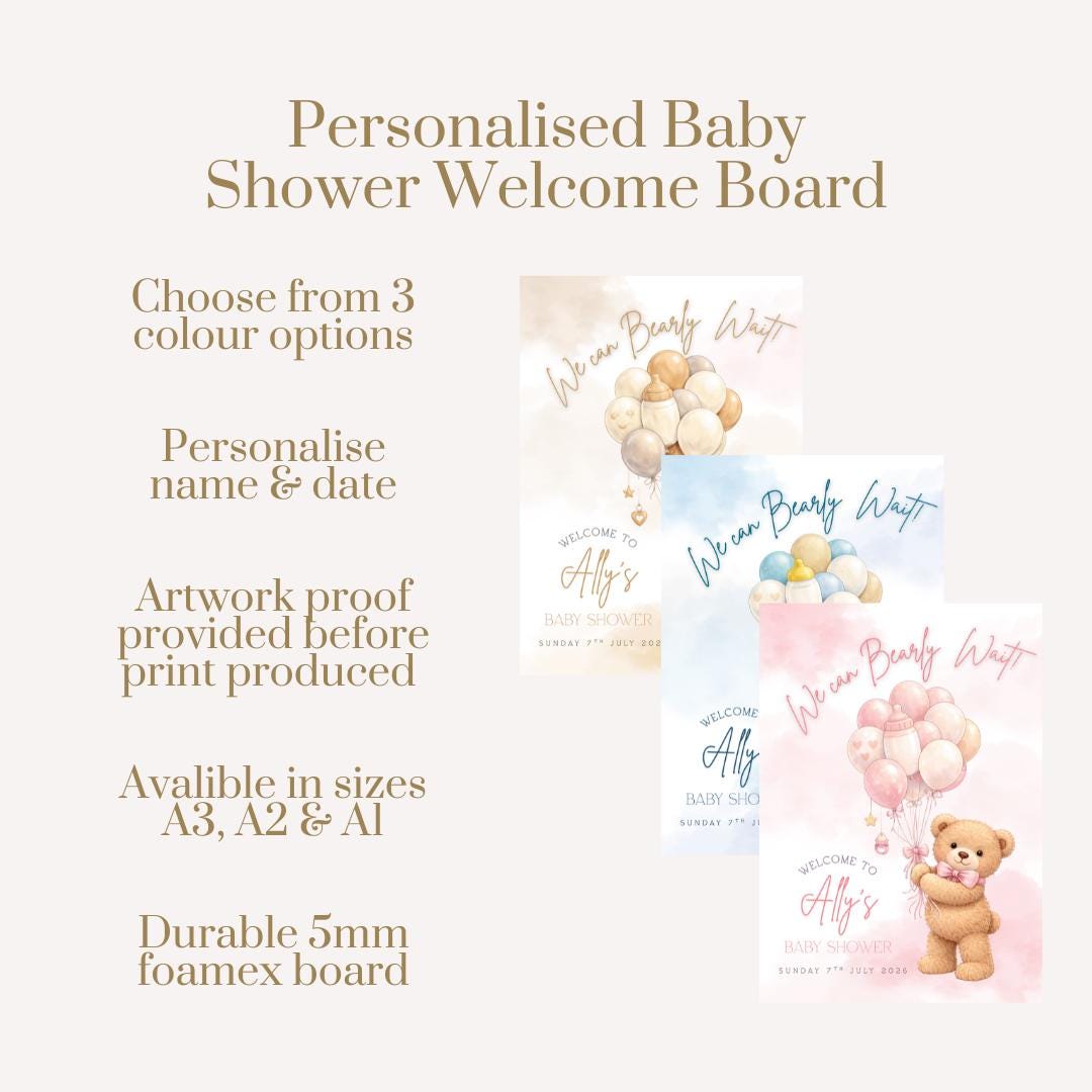 Teddy Bear Baby Shower Welcome Sign, We Can Bearly Wait, Personalised Baby Shower Sign, Neutral Pink Blue Baby Shower Decor