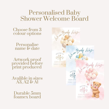 Teddy Bear Baby Shower Welcome Sign, We Can Bearly Wait, Personalised Baby Shower Sign, Neutral Pink Blue Baby Shower Decor