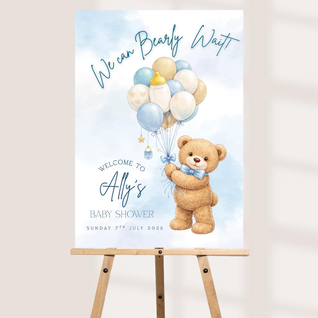 Teddy Bear Baby Shower Welcome Sign, We Can Bearly Wait, Personalised Baby Shower Sign, Neutral Pink Blue Baby Shower Decor