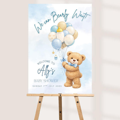 Teddy Bear Baby Shower Welcome Sign, We Can Bearly Wait, Personalised Baby Shower Sign, Neutral Pink Blue Baby Shower Decor