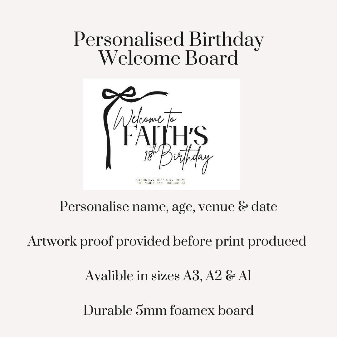 Birthday Welcome Board, Personalised Black Bow Birthday Sign, Minimalist 18th Birthday Party Decor, Custom Venue Date Party Board Sign Decor