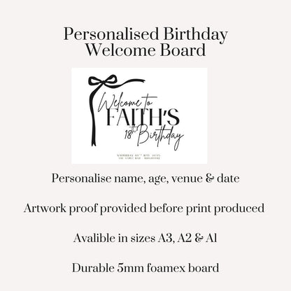 Birthday Welcome Board, Personalised Black Bow Birthday Sign, Minimalist 18th Birthday Party Decor, Custom Venue Date Party Board Sign Decor
