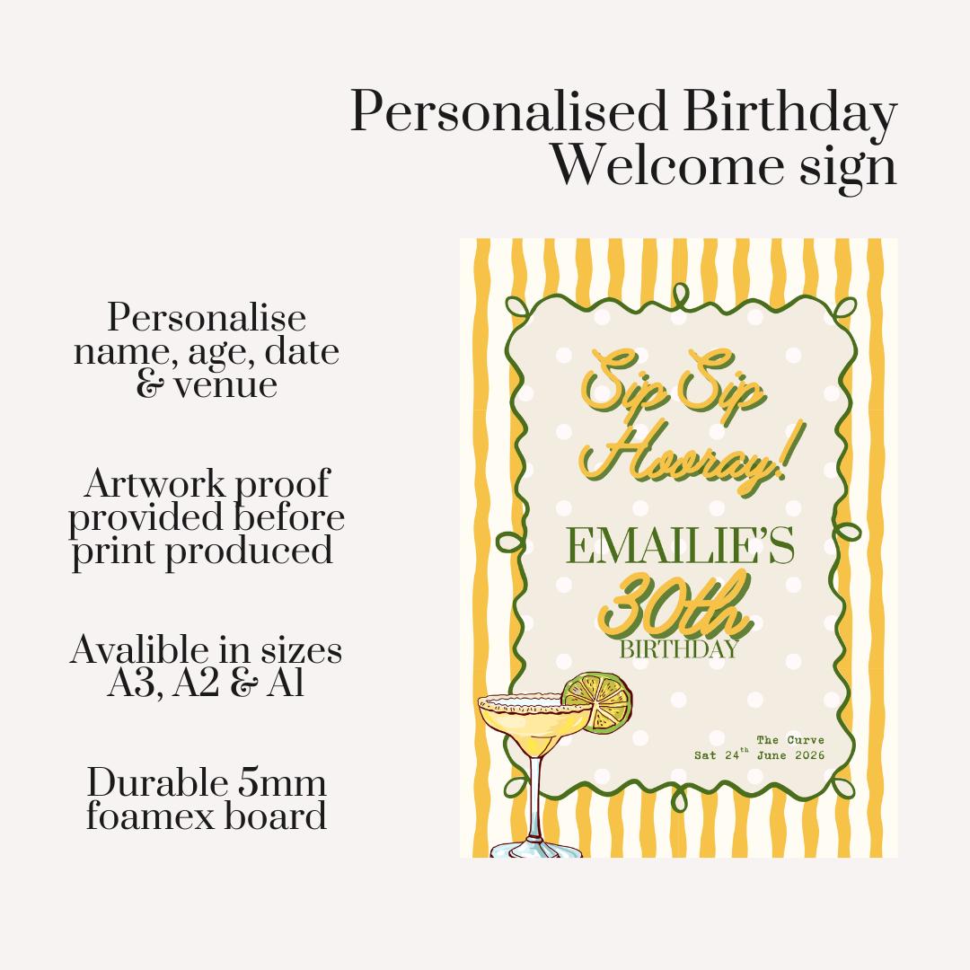 Personalised 30th Birthday Welcome Sign, Sip Sip Hooray Birthday Sign, Cocktail Birthday Party Welcome Board, Custom 30th Birthday Decor