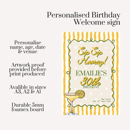Personalised 30th Birthday Welcome Sign, Sip Sip Hooray Birthday Sign, Cocktail Birthday Party Welcome Board, Custom 30th Birthday Decor