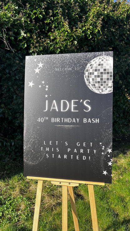 Personalised Milestone Birthday Welcome Board | Disco Birthday Sign | 30th 40th 50th Birthday Decor | Black & Silver Party Sign