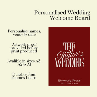 Red Wedding Welcome Board, Personalised Minimalist Wedding Sign, Modern Typography Reception Decor, Custom Names Venue Date