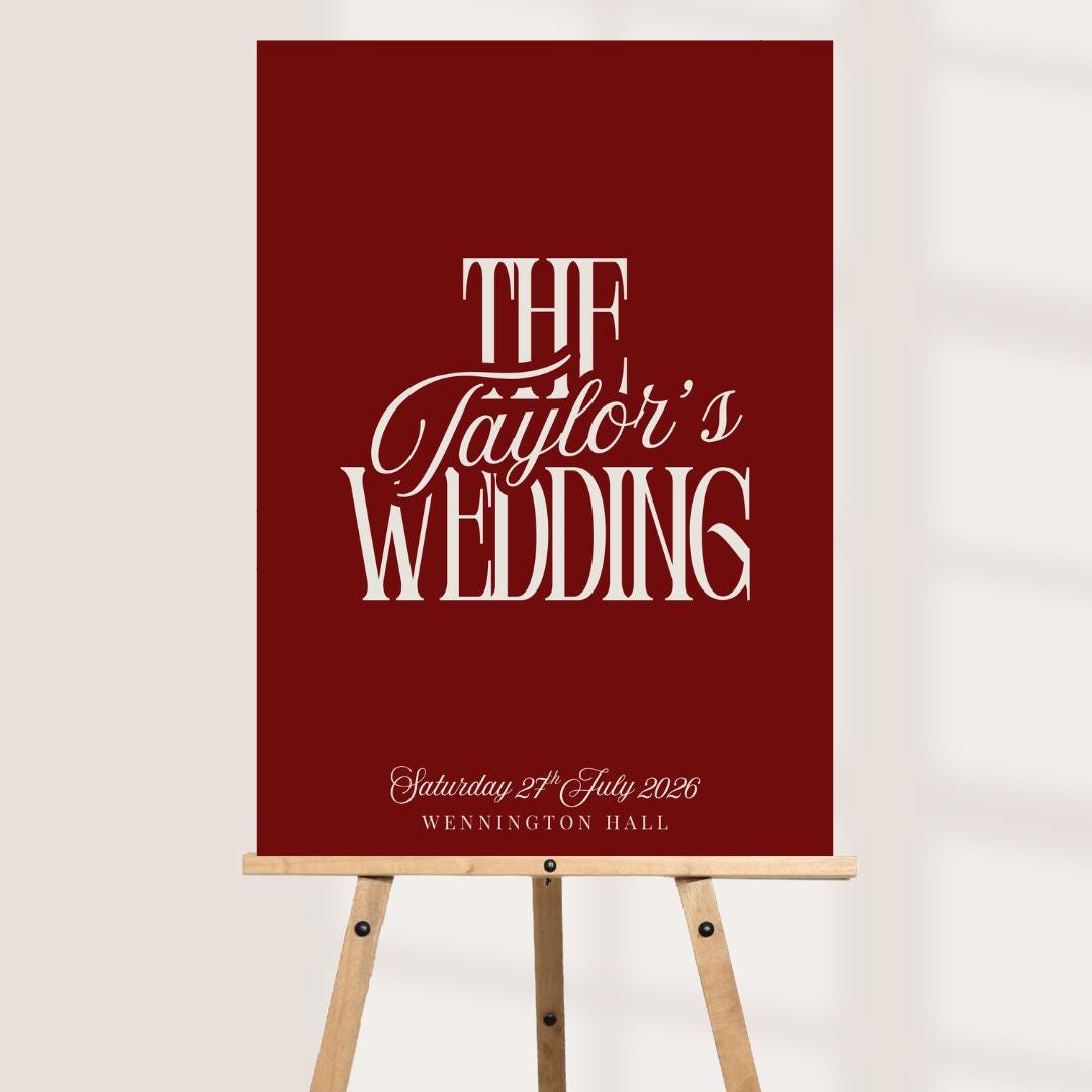 Red Wedding Welcome Board, Personalised Minimalist Wedding Sign, Modern Typography Reception Decor, Custom Names Venue D