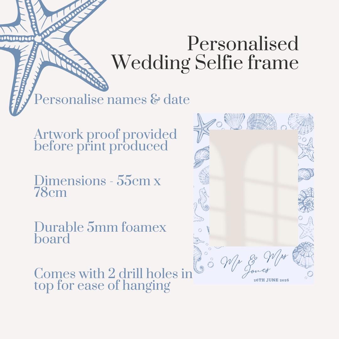 Personalised Beach Wedding Selfie Frame Sign, Coastal Elegance Wedding Photo Booth Frame, Seashell Wedding Decor, Custom Mr & Mrs Wedding