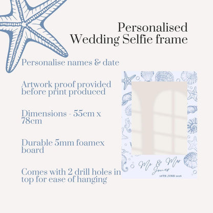 Personalised Beach Wedding Selfie Frame Sign, Coastal Elegance Wedding Photo Booth Frame, Seashell Wedding Decor, Custom Mr & Mrs Wedding