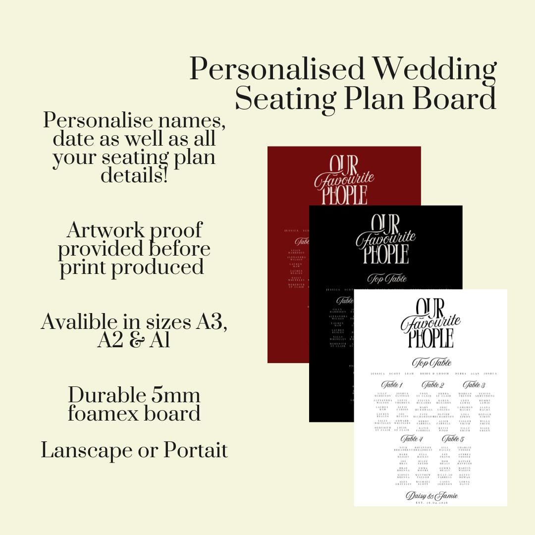 Personalised Wedding Seating Plan Board, Table Plan Sign, Custom Wedding Sign, Seating Chart A1 A2 A3 Landscape or Portrait x 3 Colours