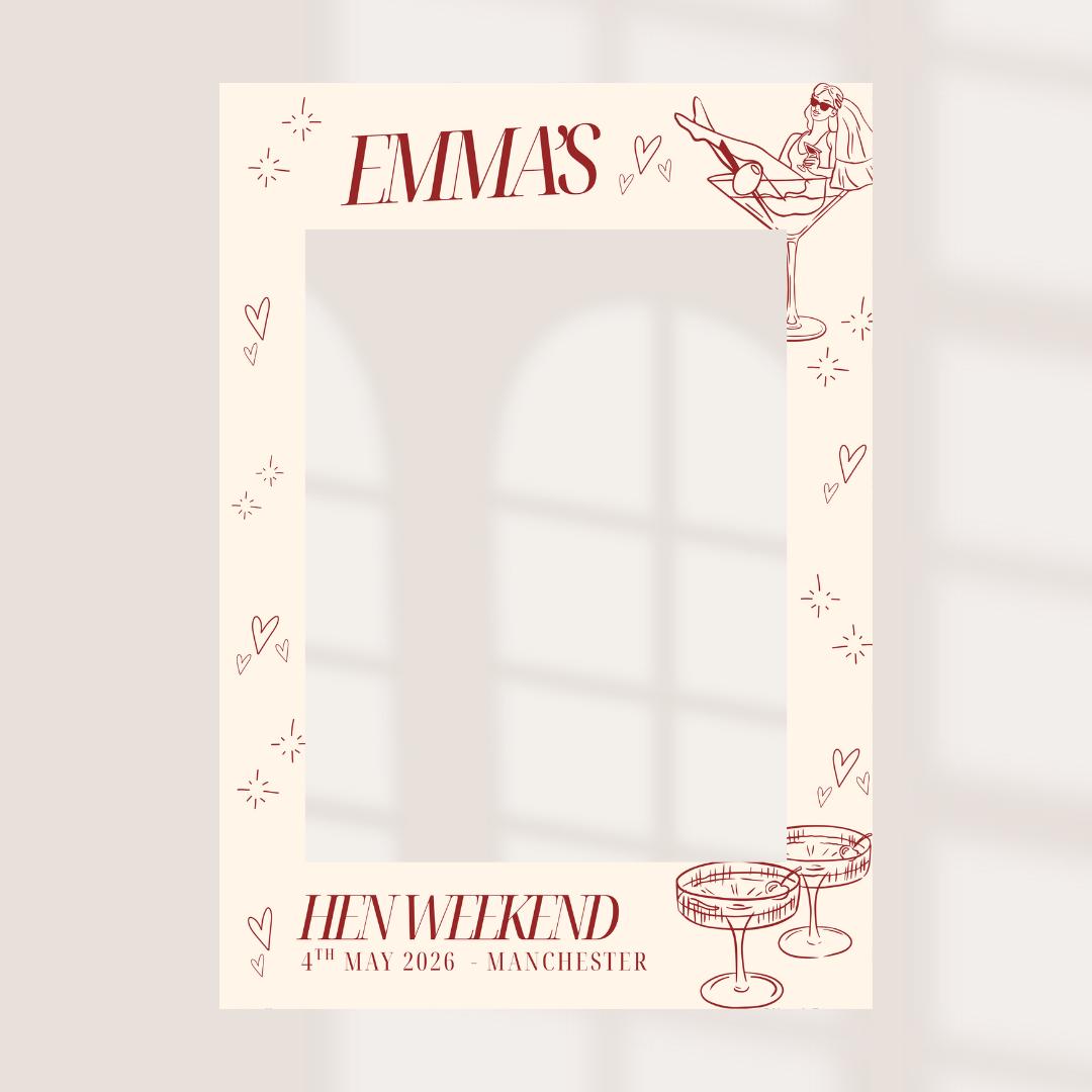 Personalised Cocktail Hen Party Selfie Frame, Chic Bachelorette Photo Booth Frame, Bride Martini Glass Hen Weekend Prop,