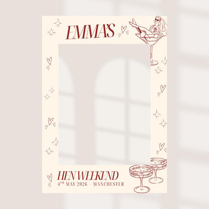 Personalised Cocktail Hen Party Selfie Frame, Chic Bachelorette Photo Booth Frame, Bride Martini Glass Hen Weekend Prop,