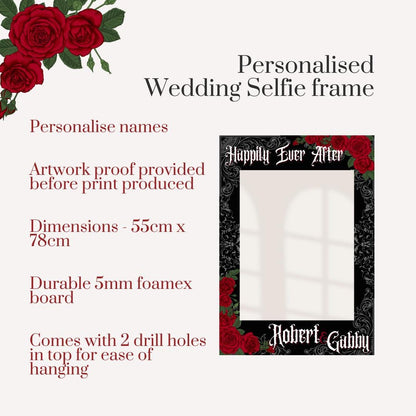 Gothic Wedding Selfie Frame, Personalised Black Rose Photo Booth Prop, Alternative Wedding Decor, Dark Romance Bride Groom Sign