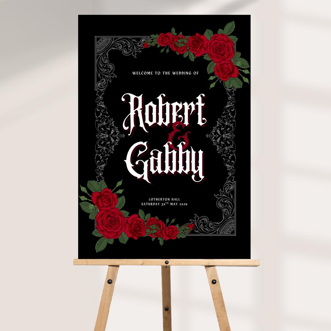 Gothic Wedding Welcome Board, Personalised Black Red Rose Wedding Sign, Alternative Wedding Decor, Dark Romance Wedding 