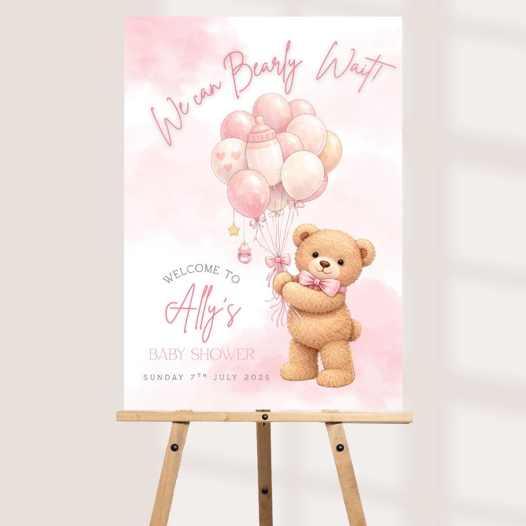 Teddy Bear Baby Shower Welcome Sign, We Can Bearly Wait, Personalised Baby Shower Sign, Neutral Pink Blue Baby Shower Decor