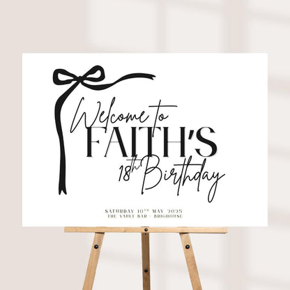 Birthday Welcome Board, Personalised Black Bow Birthday Sign, Minimalist 18th Birthday Party Decor, Custom Venue Date Pa
