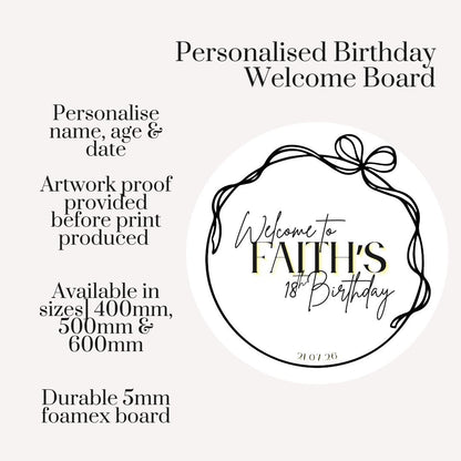 Round Birthday Welcome Board, Personalised Bow Birthday Sign, Circular 18th Party Decor, Custom Milestone Birthday Welcome Sign Modern Decor