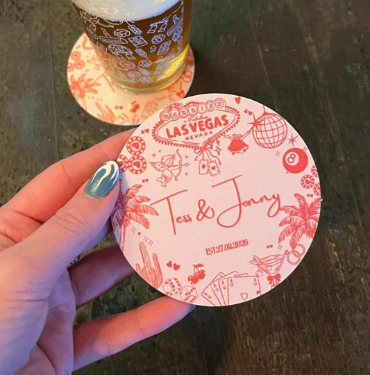 Las Vegas Wedding Coasters | Personalised Names & Date | Vegas Theme Wedding Favours | Casino Party Decor