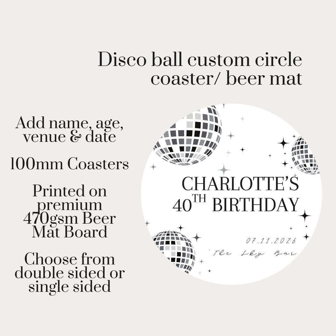 Disco Ball Personalised Coasters | Birthday Party Coasters | Wedding Favours | Custom Name Age Date Beer Mats