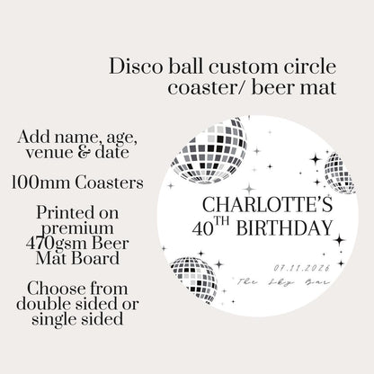 Disco Ball Personalised Coasters | Birthday Party Coasters | Wedding Favours | Custom Name Age Date Beer Mats