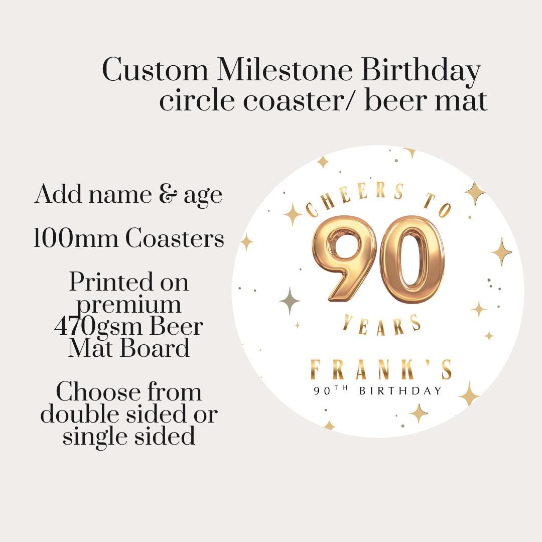 Personalised Milestone Birthday Coasters | 40th 50th 60th 70th 80th 90th Birthday | Custom Name Age Coasters | Party Favours