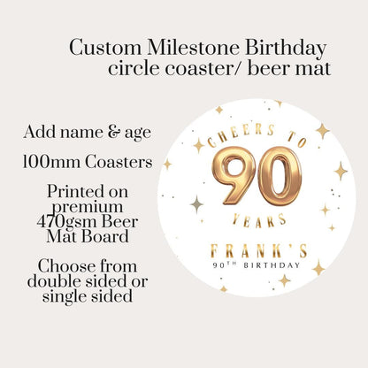 Personalised Milestone Birthday Coasters | 40th 50th 60th 70th 80th 90th Birthday | Custom Name Age Coasters | Party Favours