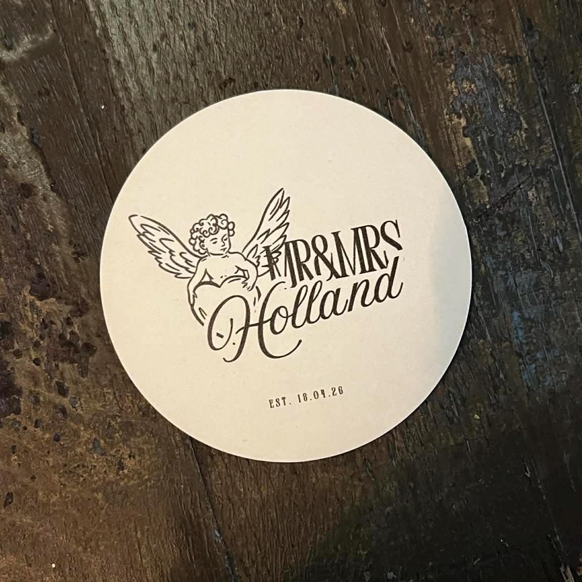Cherub Wedding Coasters | Personalised Mr & Mrs Coasters | Elegant Wedding Favours | Names + Date Wedding Beer Mats