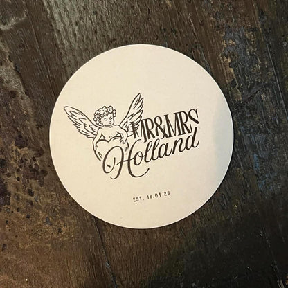 Cherub Wedding Coasters | Personalised Mr & Mrs Coasters | Elegant Wedding Favours | Names + Date Wedding Beer Mats