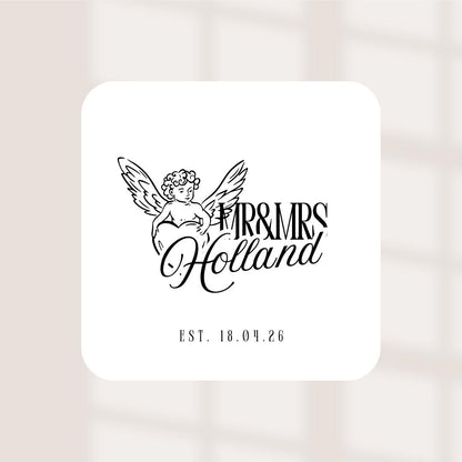 Cherub Wedding Coasters | Personalised Mr & Mrs Coasters | Romantic Wedding Favours | Names + Date Beer Mats | Square