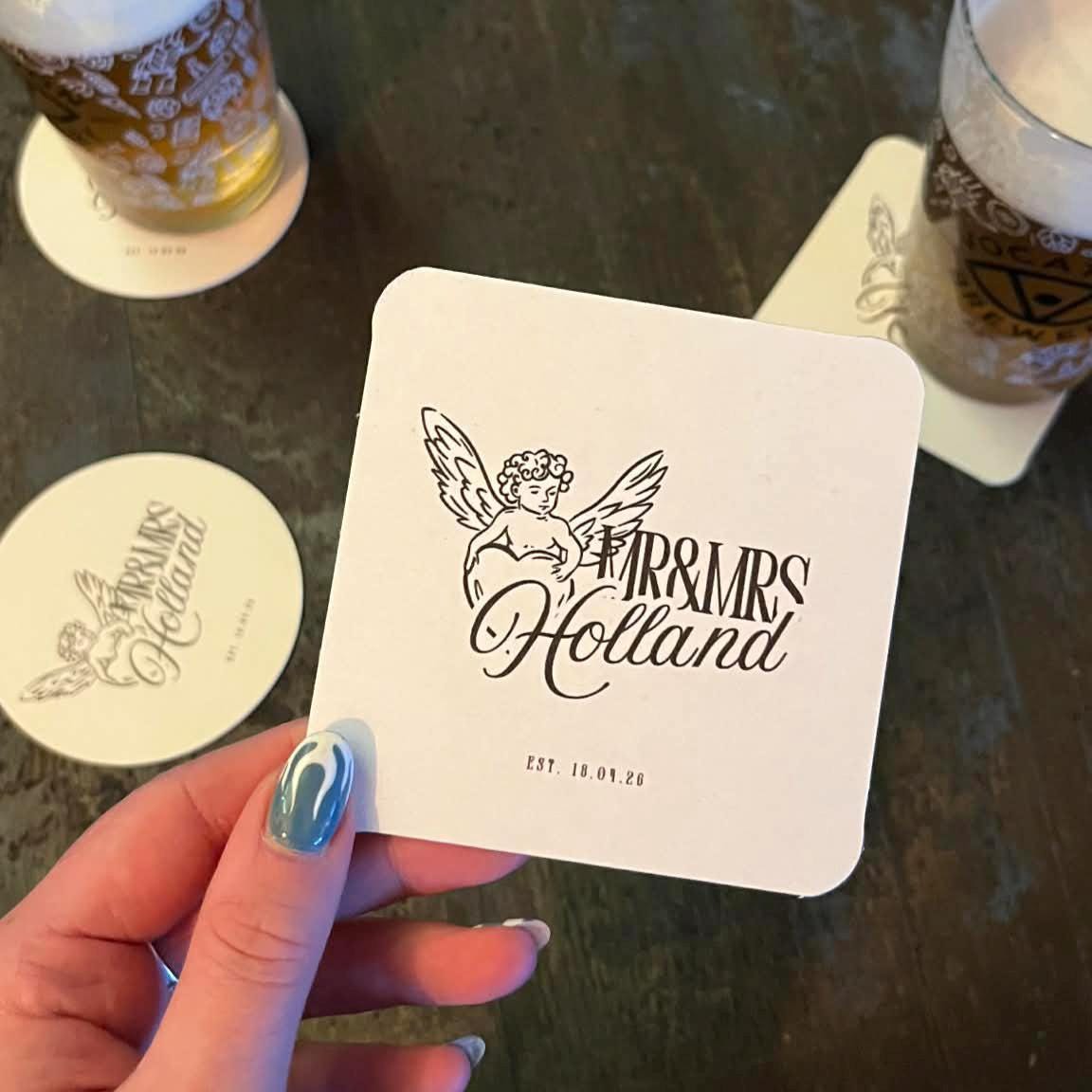 Cherub Wedding Coasters | Personalised Mr & Mrs Coasters | Romantic Wedding Favours | Names + Date Beer Mats | Square
