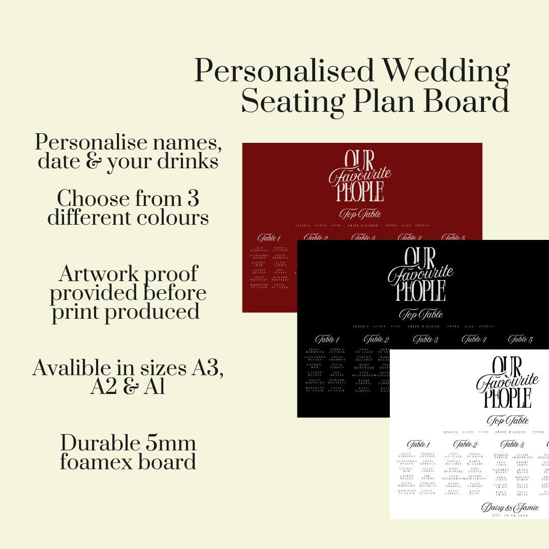 Personalised Wedding Seating Plan Board, Table Plan Sign, Custom Wedding Sign, Seating Chart A1 A2 A3 Landscape or Portrait x 3 Colours