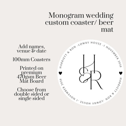Monogram Wedding Coasters | Personalised Initials Coasters | Minimal Wedding Favours | Names Date Venue Beer Mats