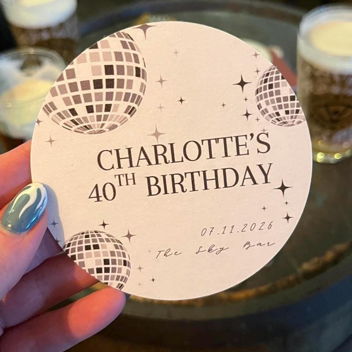 Disco Ball Personalised Coasters | Birthday Party Coasters | Wedding Favours | Custom Name Age Date Beer Mats